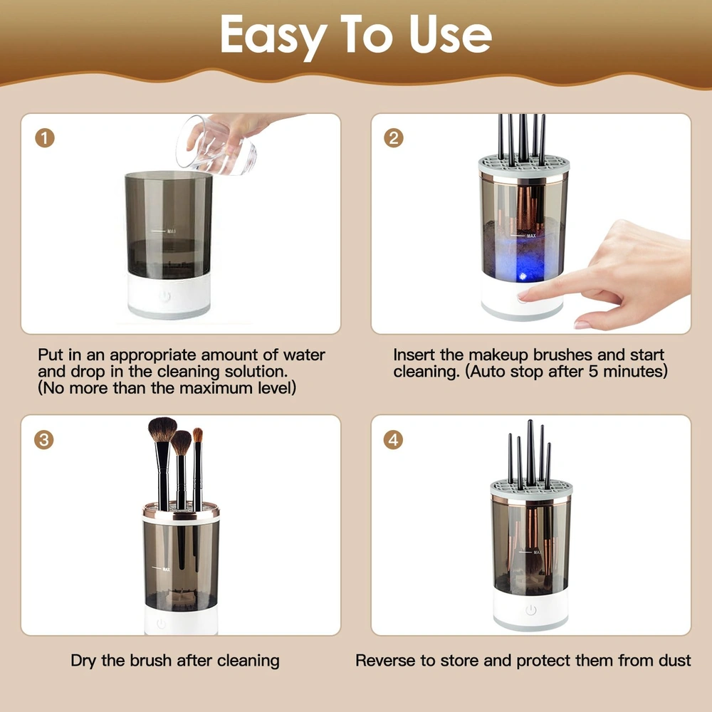 Makeup brush cleaner with step-by-step instructions: fill with water and cleaning solution, insert brushes for automatic cleaning, dry brushes after use, and reverse for storage.