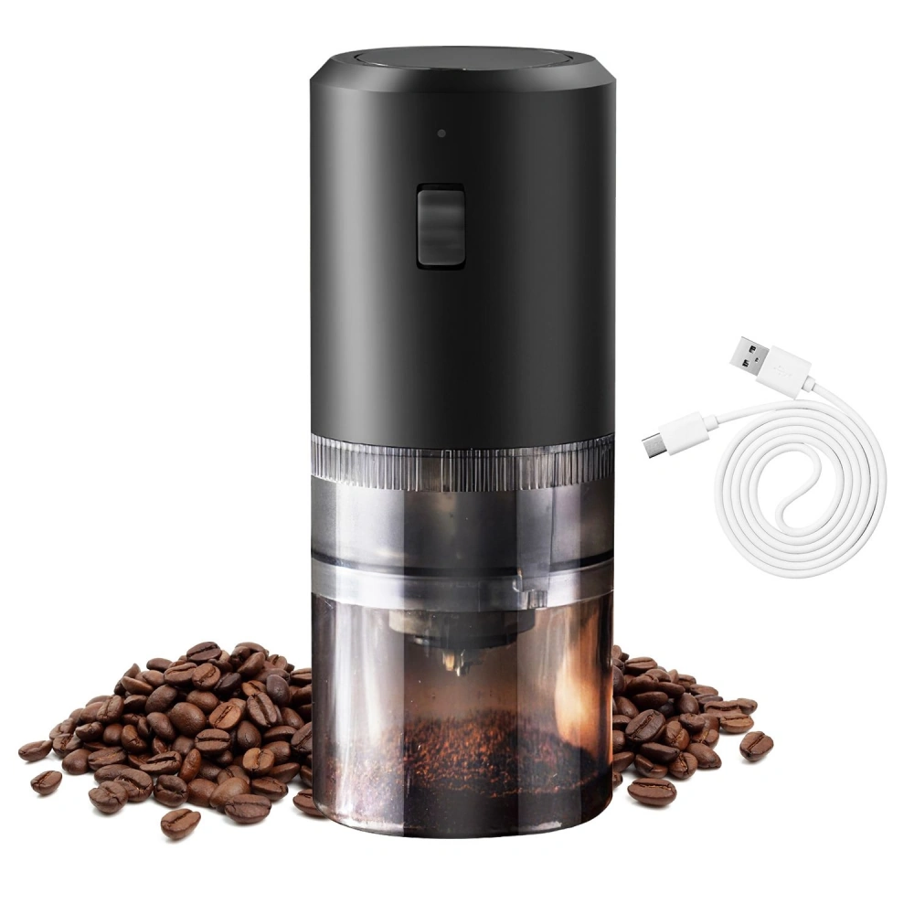 Portable electric coffee grinder in black with a USB charging cable, surrounded by whole coffee beans.