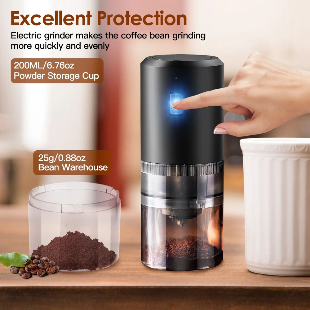 Electric coffee grinder with a hand pressing the power button, showcasing a clear powder storage cup and bean warehouse, ideal for quick and even coffee bean grinding.