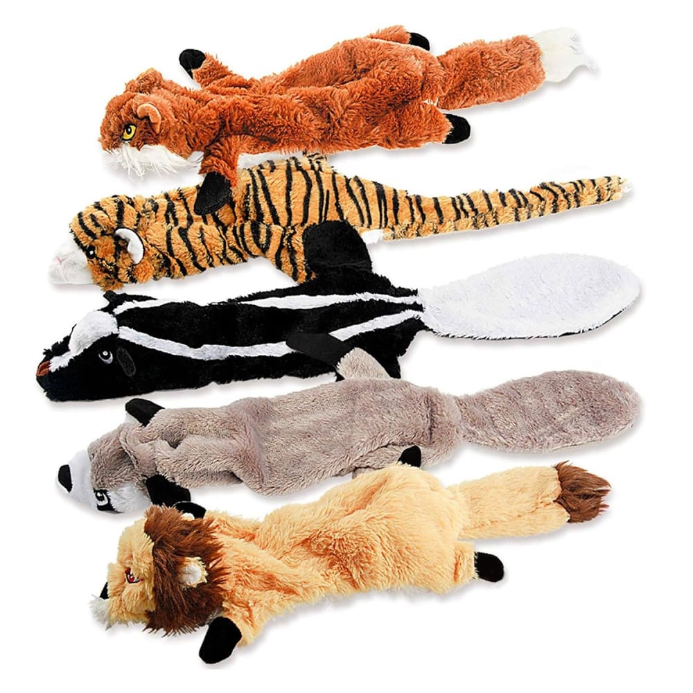 Plush animal toys set featuring a variety of wildlife designs including a tiger, skunk, raccoon, and lion, ideal for kids and pet playtime.