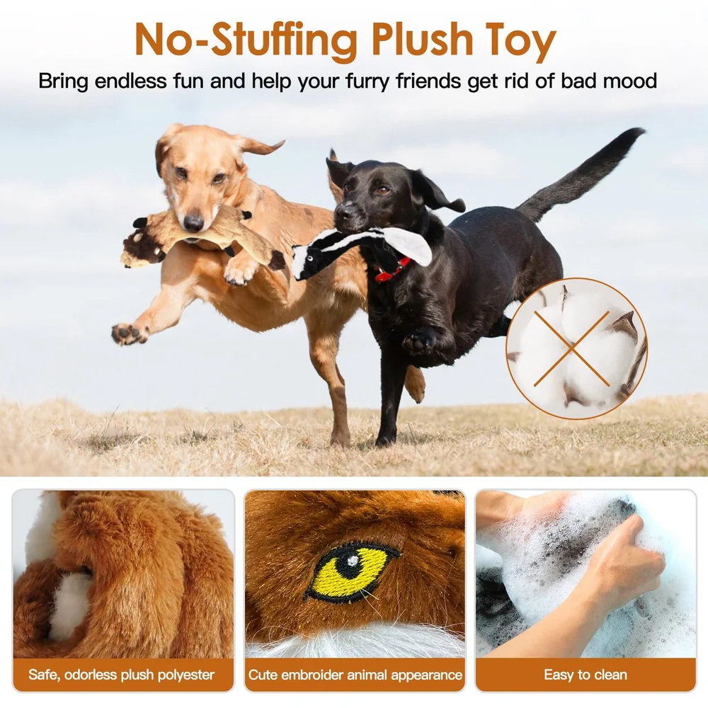 Two dogs happily playing with a no-stuffing plush toy, featuring an adorable design that provides endless fun and comfort for pets; the toy is made of safe, odorless polyester and is easy to clean.
