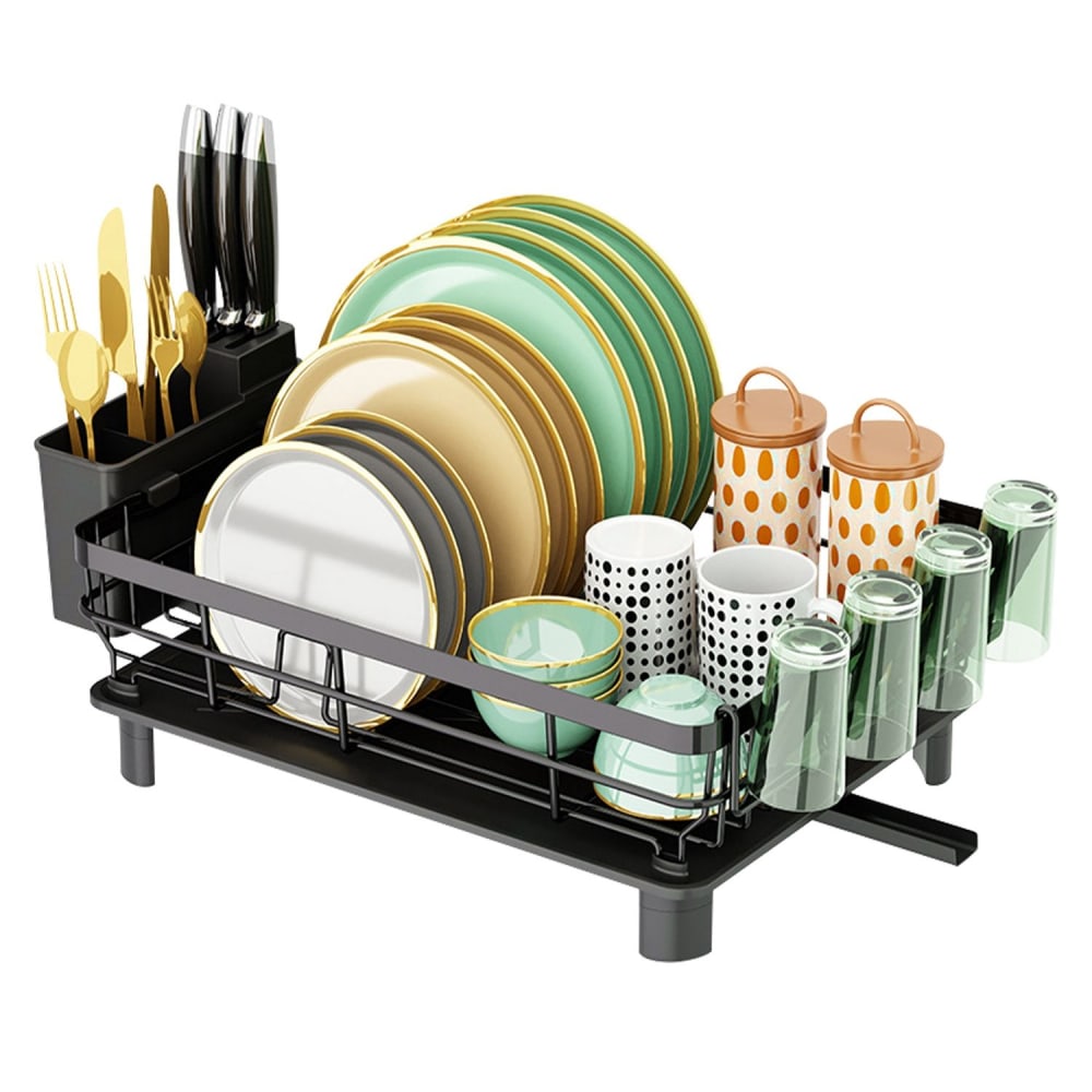 Modern black dish drying rack with assorted plates, bowls, glasses, and cutlery, featuring elegant gold accents and colorful patterns for organized kitchen storage.
