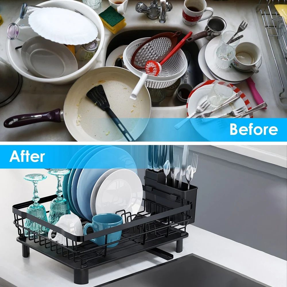 Before and after image comparison of a kitchen sink, showcasing a cluttered pile of dirty dishes and utensils labeled "Before," and a clean, organized dish rack with neatly arranged plates and glasses labeled "After," highlighting the effectiveness of a dish drying rack.