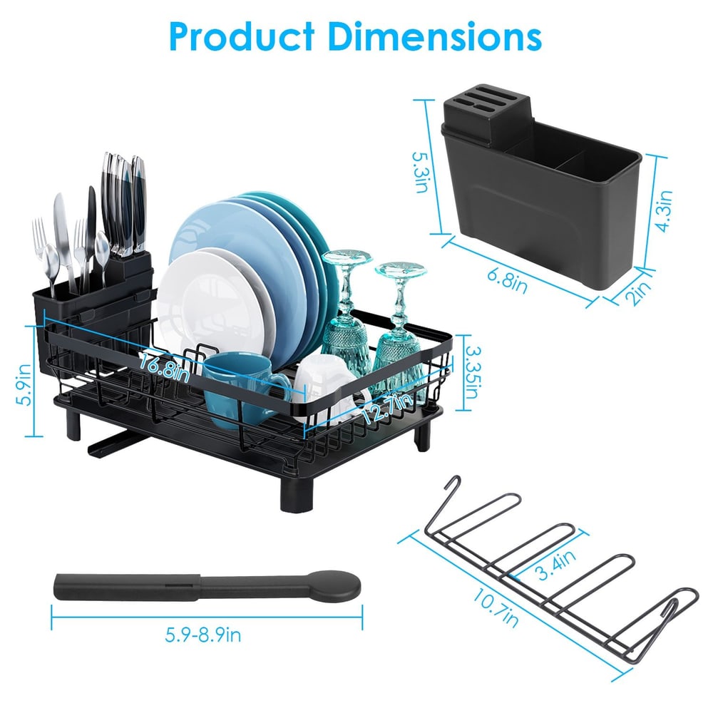 Black dish rack displaying plates, cups, and cutlery, with product dimensions including height and length, designed for efficient kitchen organization.