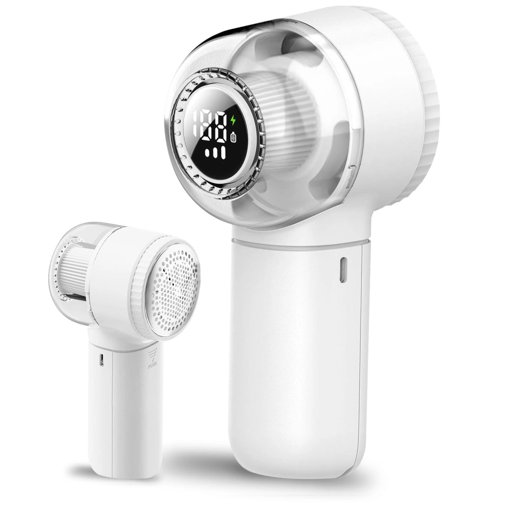 Compact and modern handheld vacuum cleaner in white, featuring a digital display and detachable nozzle for versatile cleaning.
