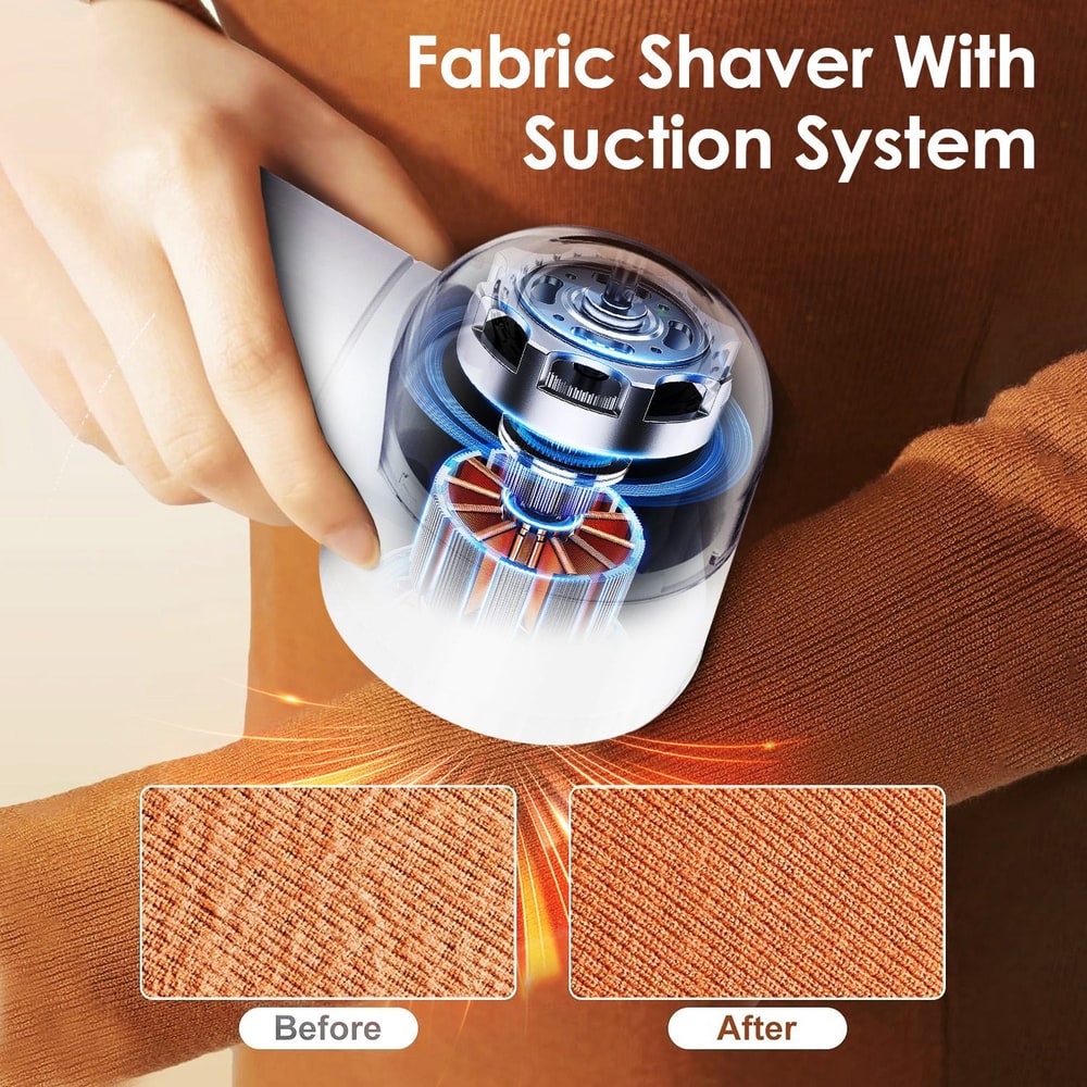 Handheld fabric shaver with suction system demonstrating effectiveness on a sweater, showing before and after images of fabric lint removal.