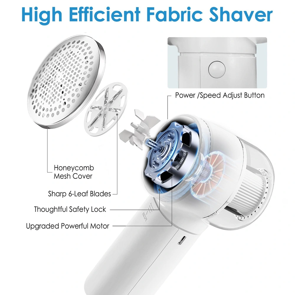 High-efficiency fabric shaver featuring a honeycomb mesh cover, sharp 6-leaf blades, safety lock, and powerful motor with a power/adjust speed button, ideal for removing lint and fuzz from garments.