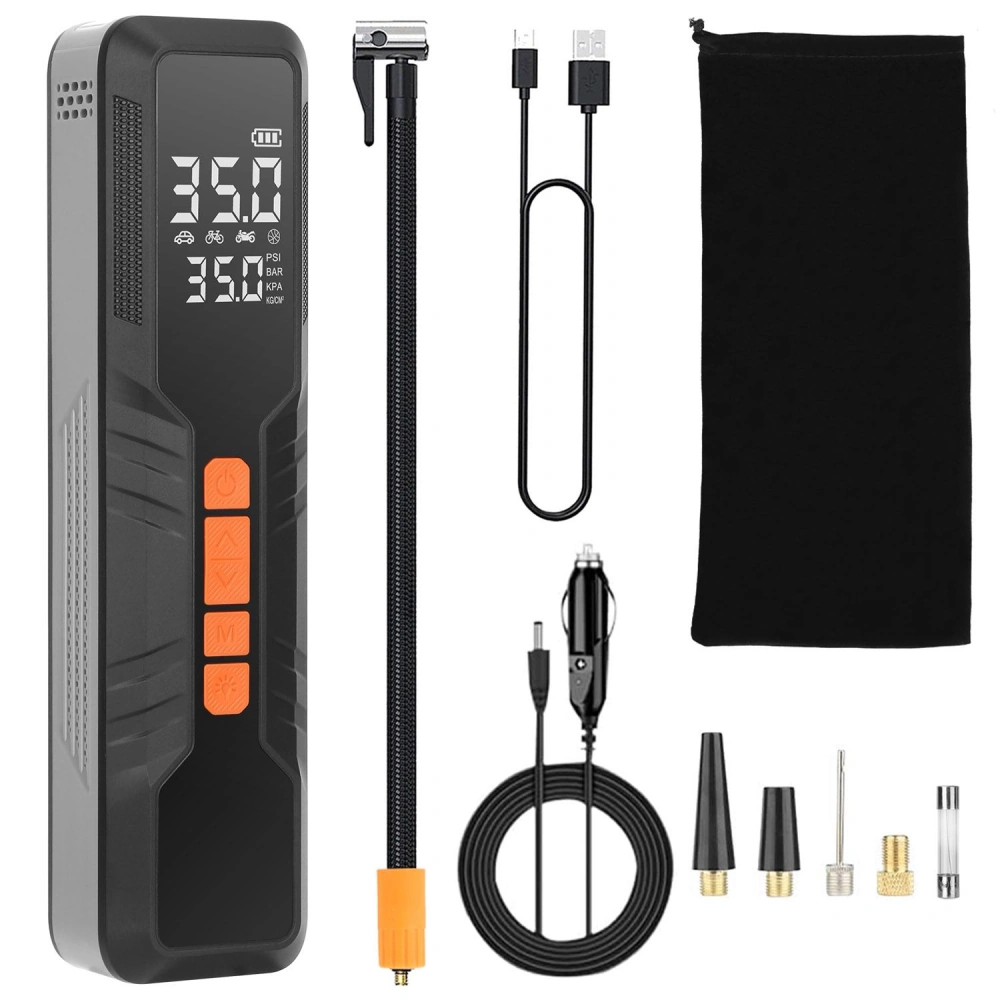 Portable digital tire inflator kit with pressure gauge, charging cable, and multiple nozzles for versatile use, displayed against a neutral background.