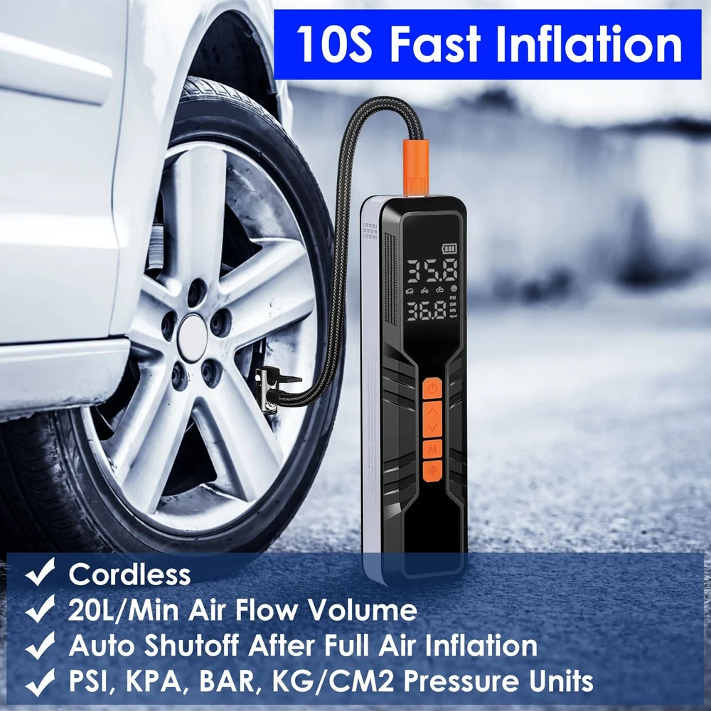 Cordless digital tire inflator displaying air pressure readings with a hose attached to a car tire, highlighting features like 10-second inflation, auto shutoff, and multiple pressure units.