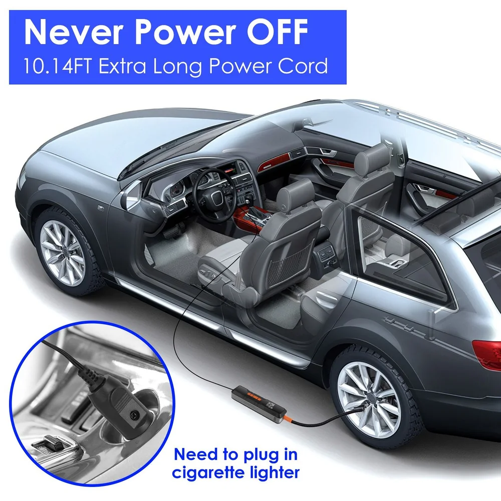 Car power adapter with 10.14FT extra long cord plugged into cigarette lighter, showing the car interior and highlighting the "Never Power OFF" feature.