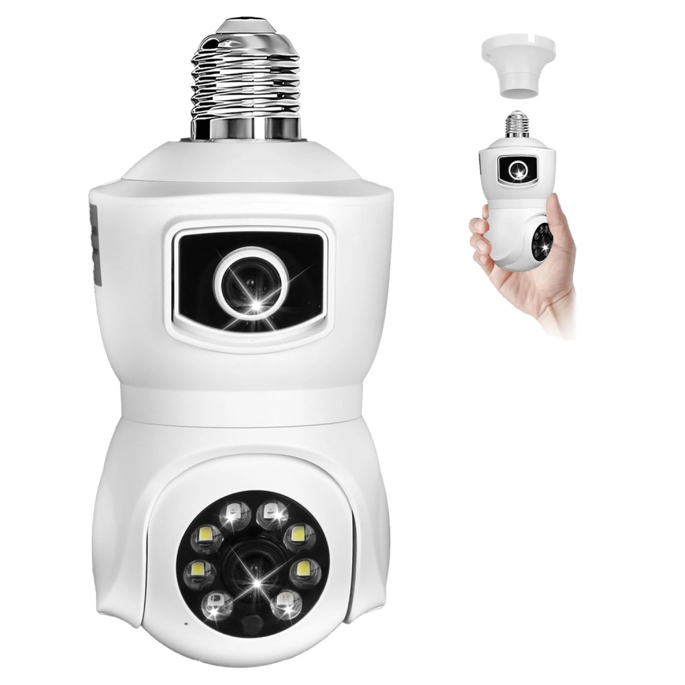 LED light bulb socket with built-in camera, featuring a sleek white design, hand-held for easy installation, and equipped with bright LED lights for home security.
