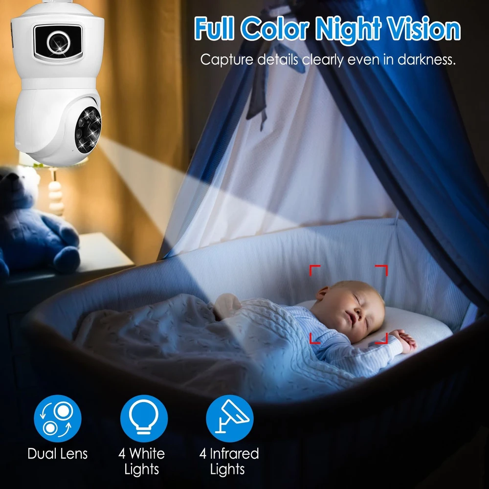 Baby monitor with full color night vision and dual lens technology, showing a sleeping infant in a crib under soft lighting, showcasing features like 4 white lights and 4 infrared lights for enhanced visibility in darkness.
