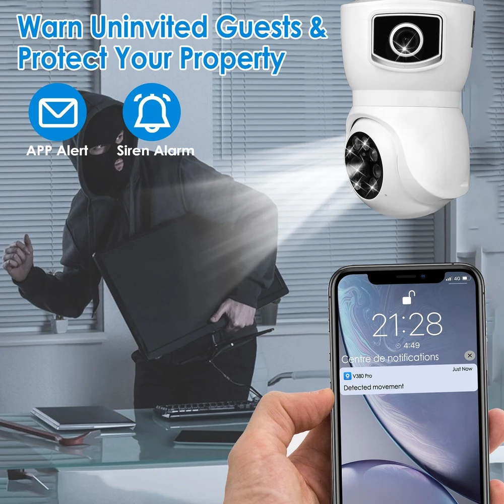 Smart security device detecting intruder with notification alert on smartphone, showcasing features like app alerts and siren alarms for property protection.