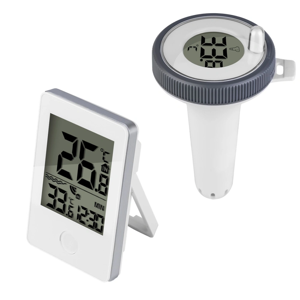 Digital indoor and outdoor thermometer and hygrometer set displaying temperature and humidity readings, featuring a sleek white design and easy-to-read LCD screens.