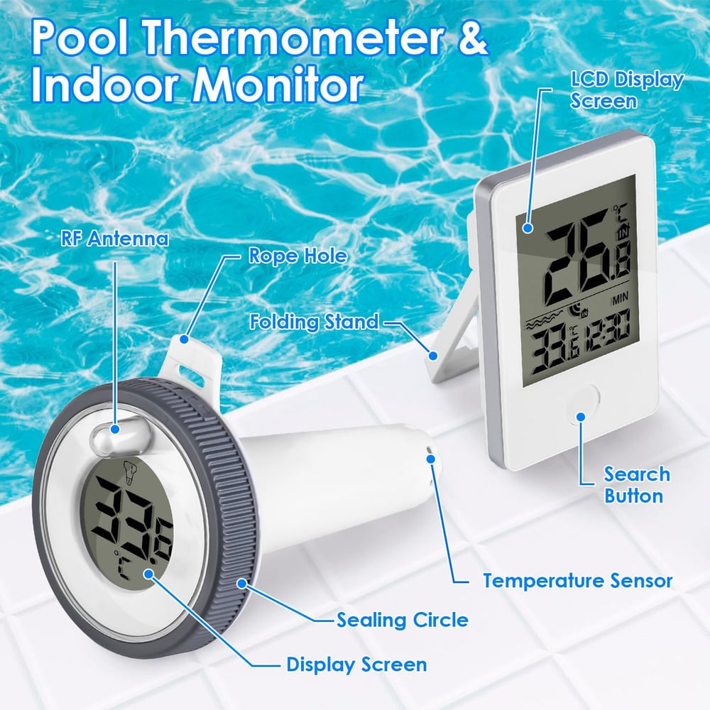 Pool thermometer and indoor monitor with LCD display, features RF antenna, rope hole, folding stand, sealing circle, and temperature sensor, placed on a tiled surface beside a blue swimming pool.