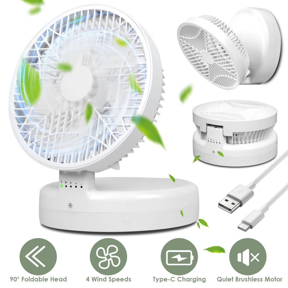 Portable white fan with a 90-degree foldable head, featuring four wind speeds and Type-C charging, designed for quiet operation, with USB and charging cable visible.
