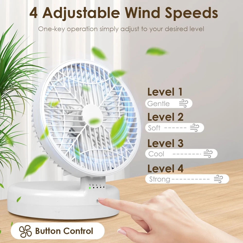 Compact desk fan with 4 adjustable wind speeds, featuring easy button control for gentle, soft, cool, and strong airflow settings.