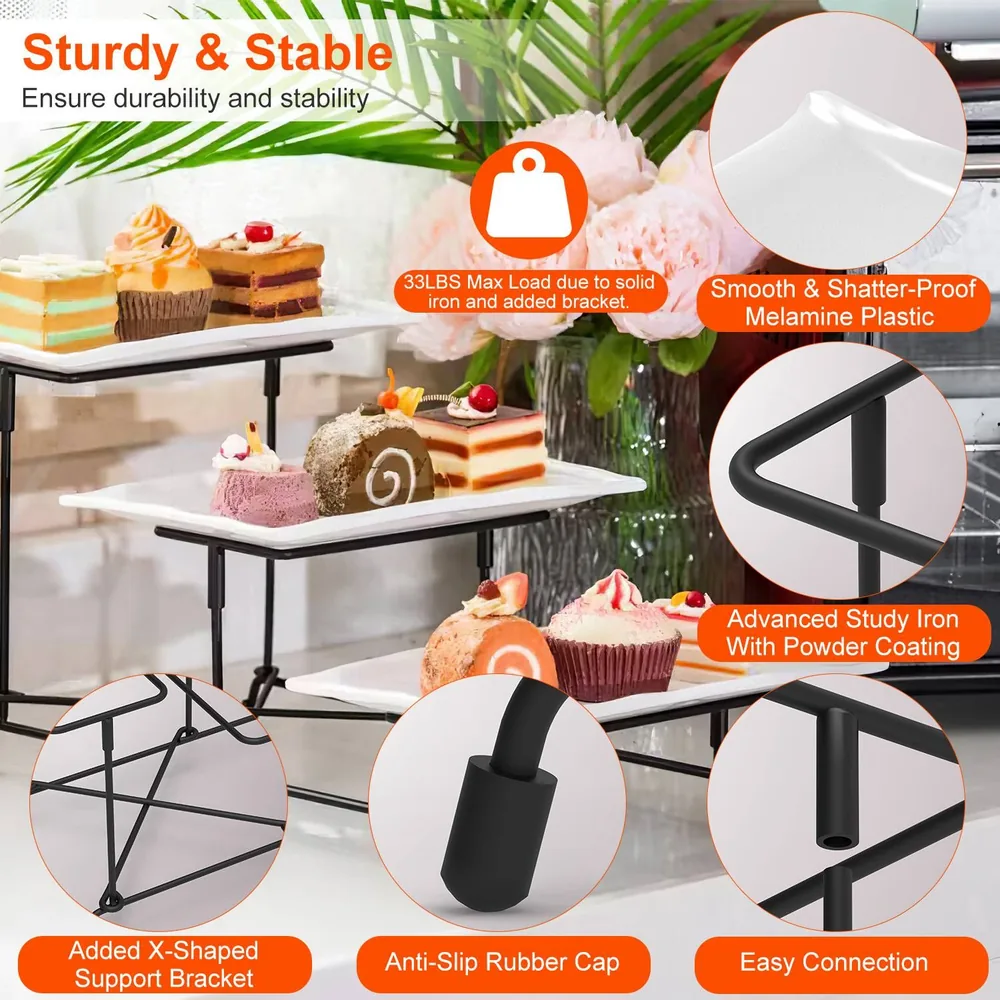 Three-tier dessert display stand featuring a sturdy iron frame and melamine plates, showcasing colorful pastries and cupcakes, highlighted with features like anti-slip rubber caps and X-shaped support brackets for added stability.