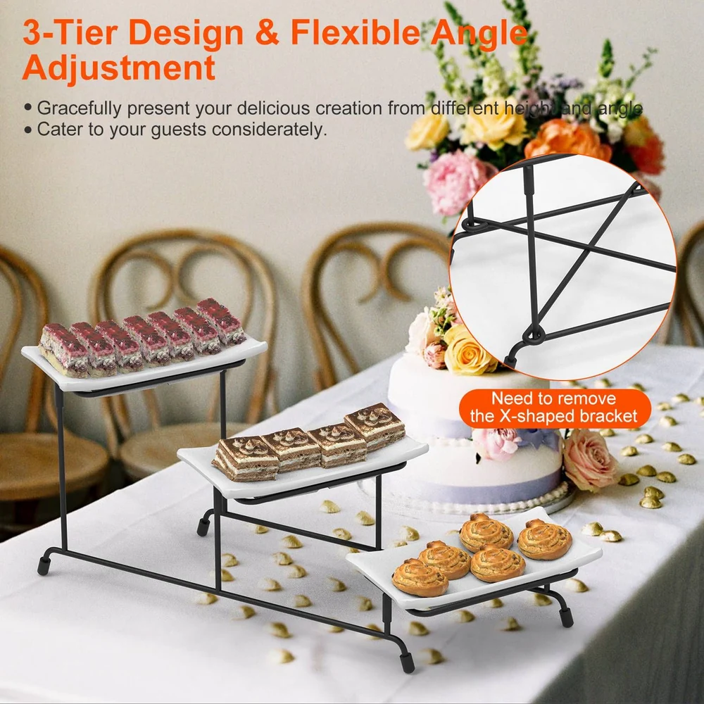 3-tier serving stand with adjustable angle, showcasing delicious desserts like cakes and pastries on elegant white platters, set against a festive table with flowers and decorations.