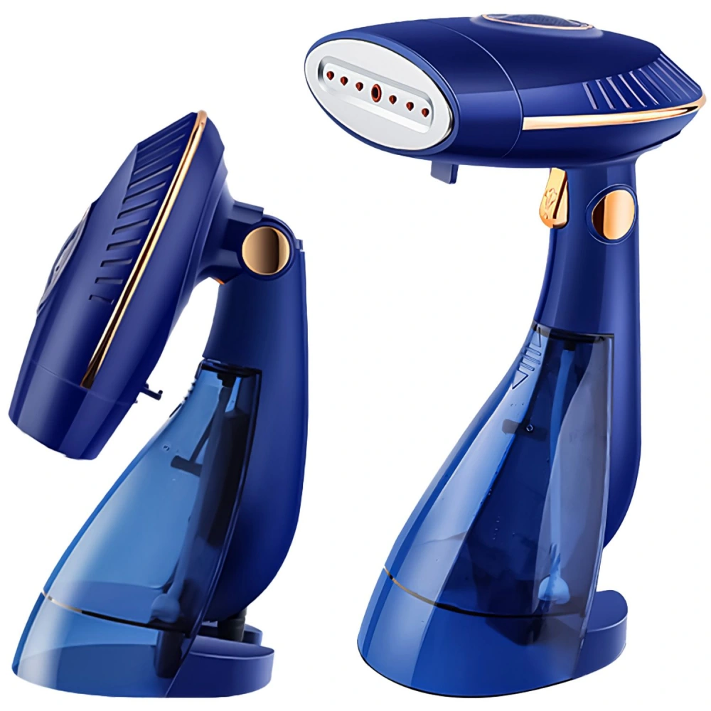 Compact handheld garment steamer in navy blue with a transparent water reservoir and ergonomic design, ideal for removing wrinkles from clothes.