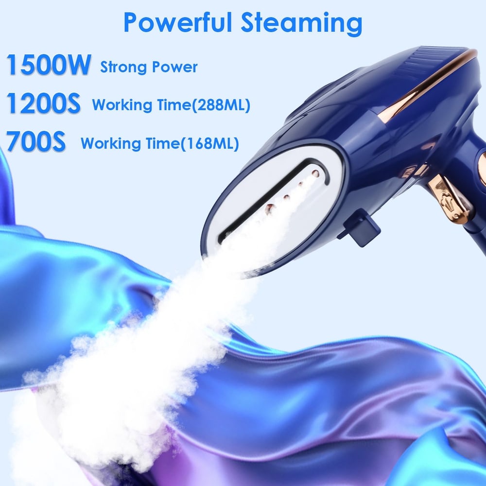 Handheld garment steamer with 1500W power, featuring steam output and two working time options of 1200 seconds (288ML) and 700 seconds (168ML), ideal for removing wrinkles from fabric.