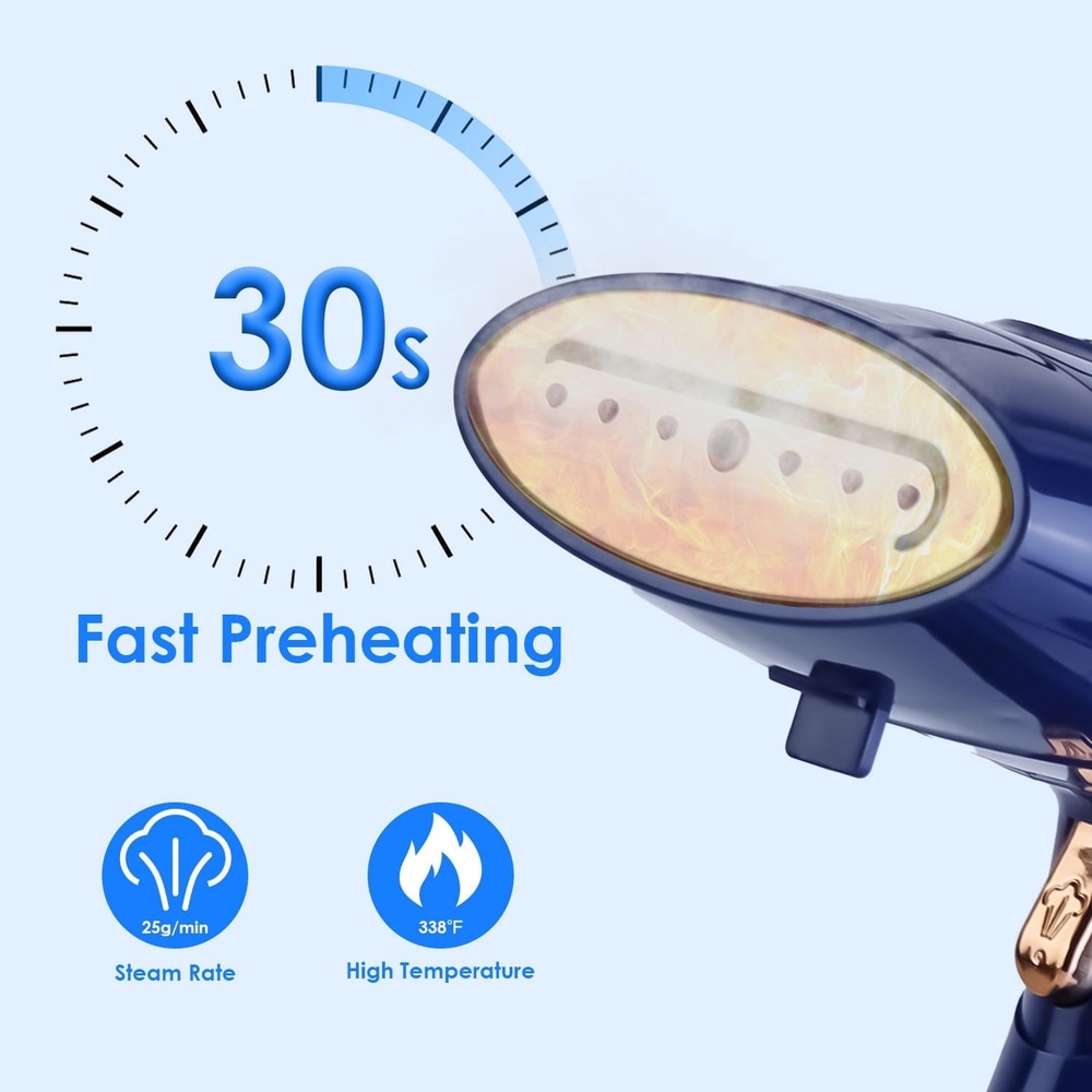 Fast preheating garment steamer with a 30-second heat-up time, featuring steam rate of 25g/min and high temperature of 338°F, ideal for quick wrinkle removal.
