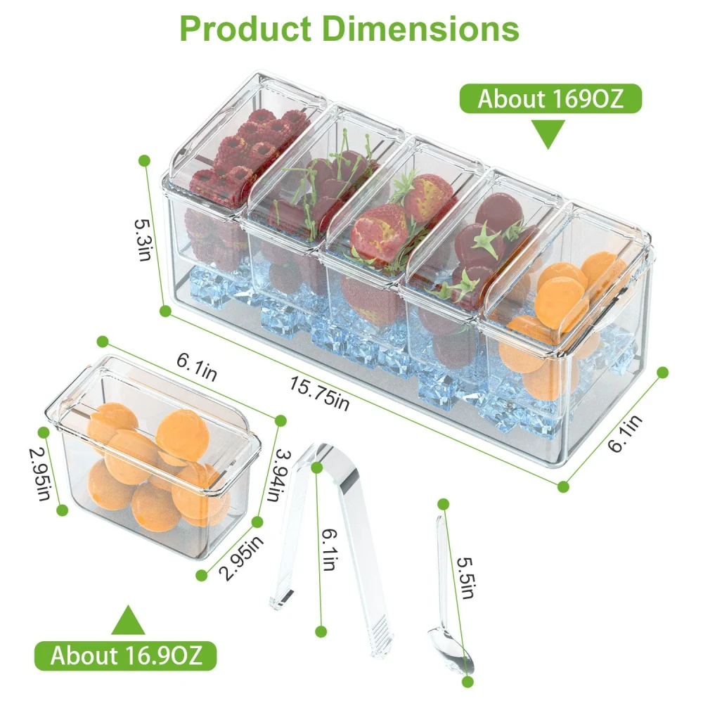 Clear fruit storage container display with dimensions, featuring strawberries, raspberries, and orange balls, designed for showcasing and serving fresh fruits.