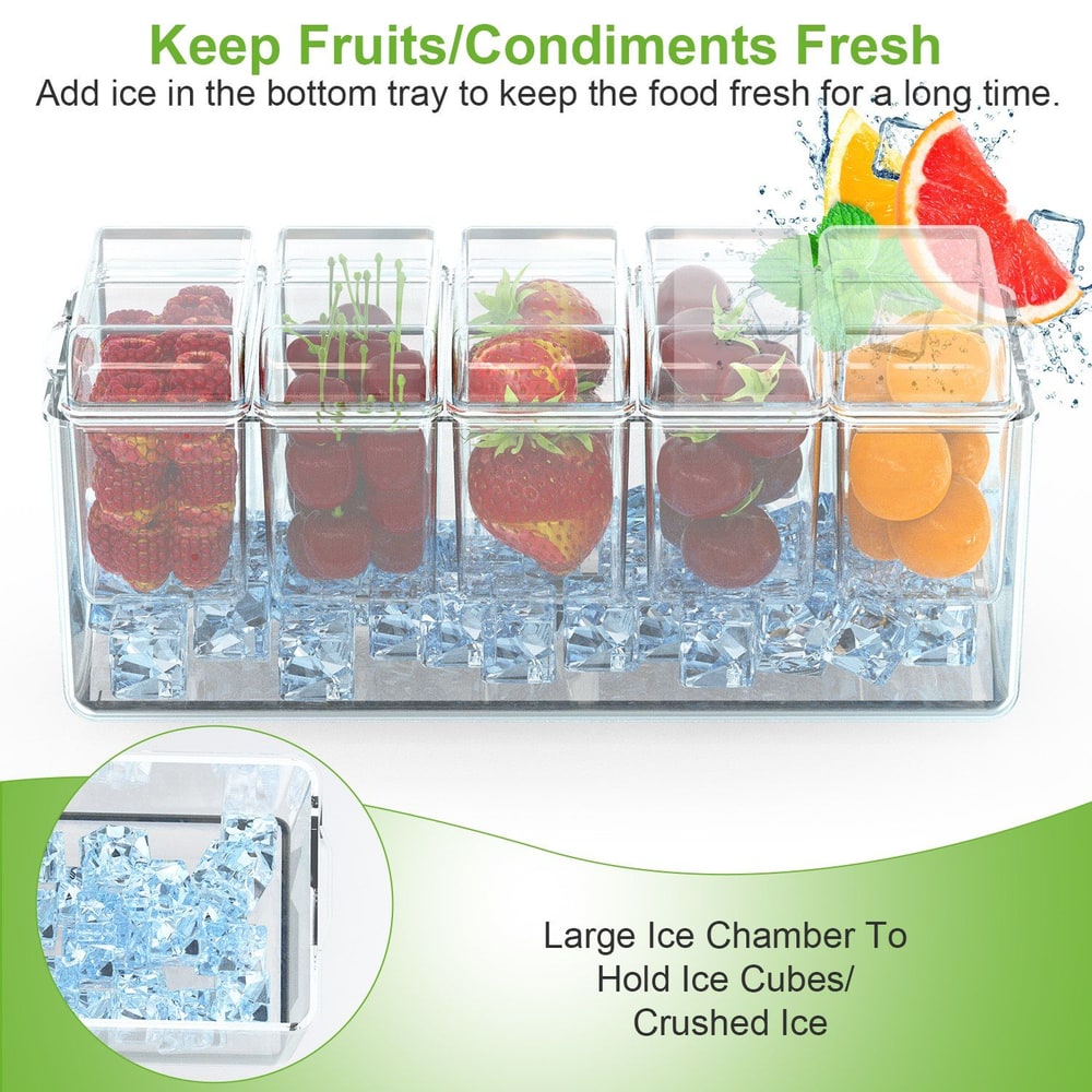 Clear fruit and condiment keeper with ice chamber, featuring strawberries, grapes, and oranges, designed to keep food fresh and chilled.