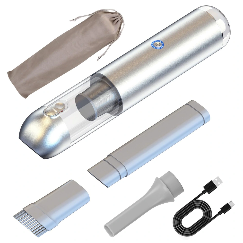 Portable silver vacuum cleaner with detachable attachments, USB charging cable, and fabric storage bag.