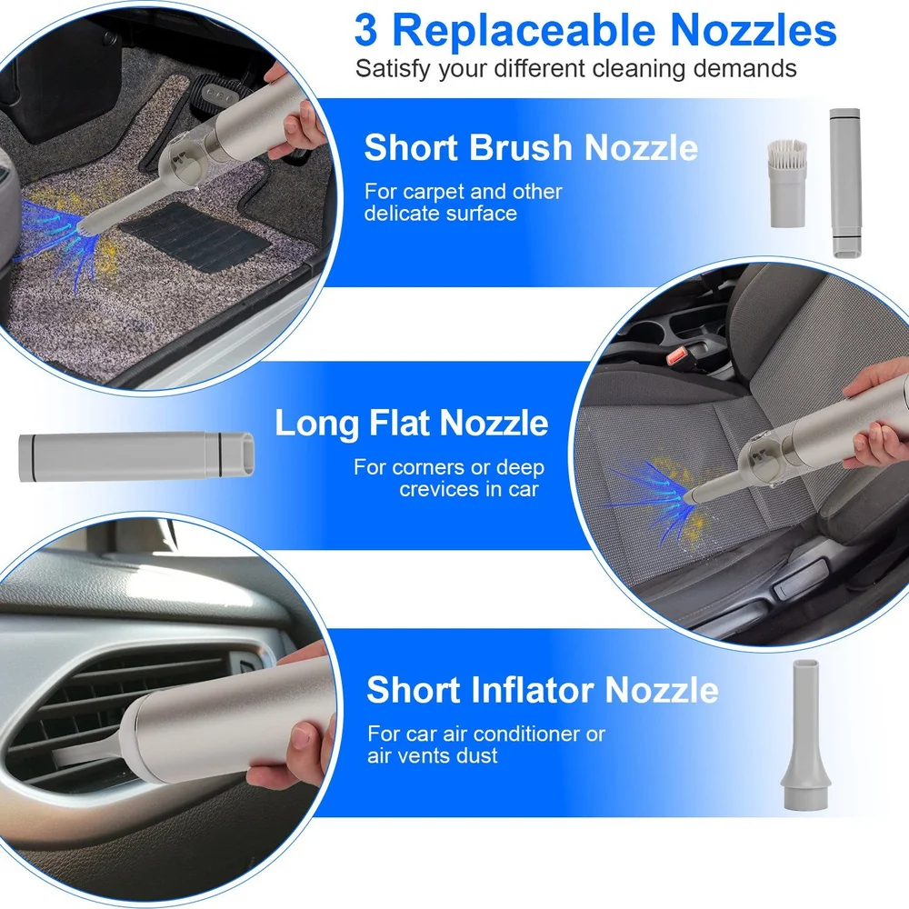 Image showcasing three replaceable nozzles for a car vacuum: a short brush nozzle for carpets, a long flat nozzle for corners, and a short inflator nozzle for air vents, each clearly labeled and demonstrating their unique cleaning functions.