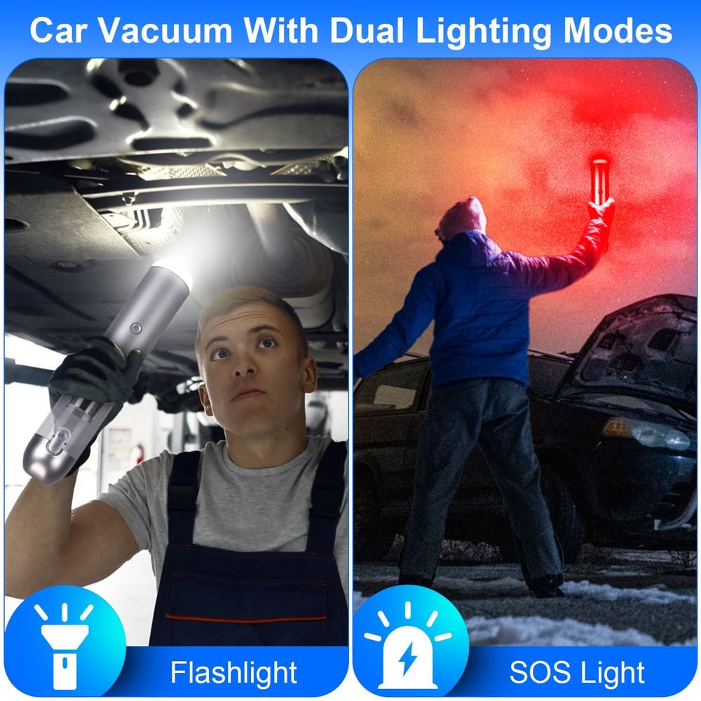Car vacuum with dual lighting modes, featuring a flashlight for detailed cleaning and an SOS light for emergency signaling, showcased in practical use under a vehicle and outdoors.