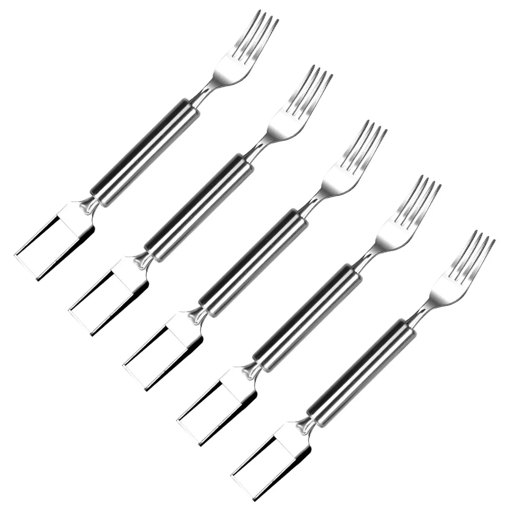 Set of five elegant stainless steel forks with unique square handles, ideal for dining or entertaining.