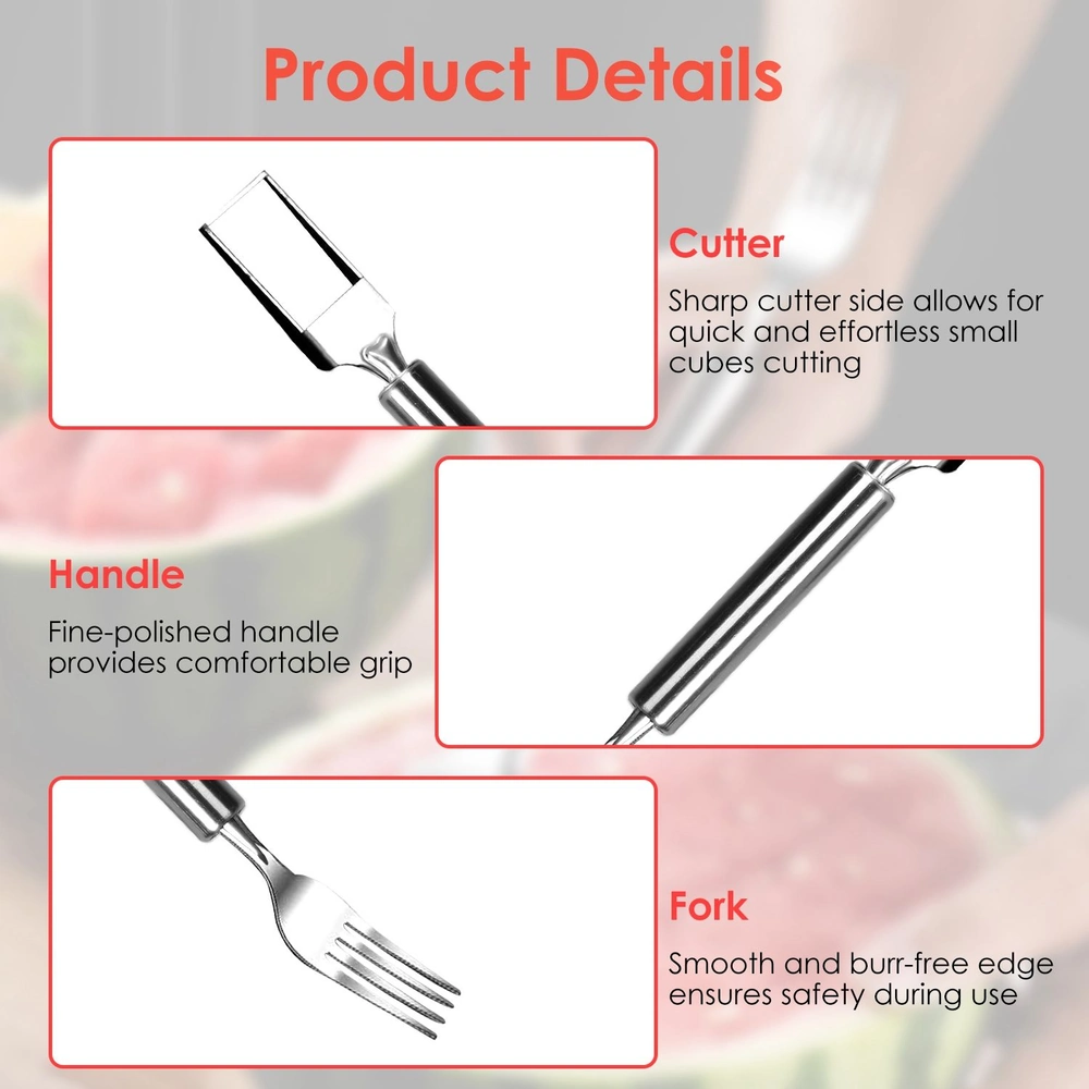 Stainless steel fruit cutting tool featuring a sharp cutter for effortless slicing, a comfortable handle for easy grip, and a safe fork element for precise serving.