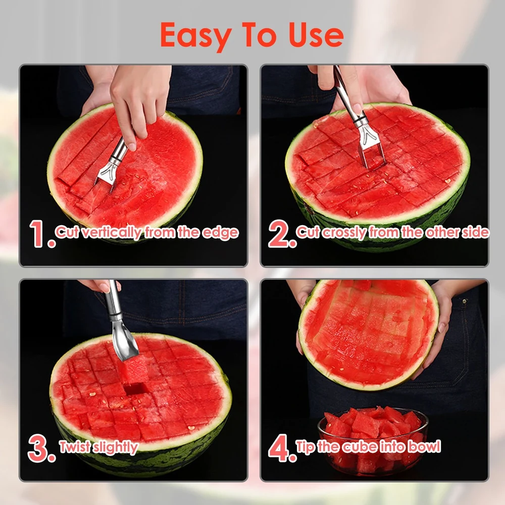 Step-by-step instructions for using a watermelon slicer tool, illustrating vertical and cross cuts, twisting to loosen fruit cubes, and tipping them into a bowl.