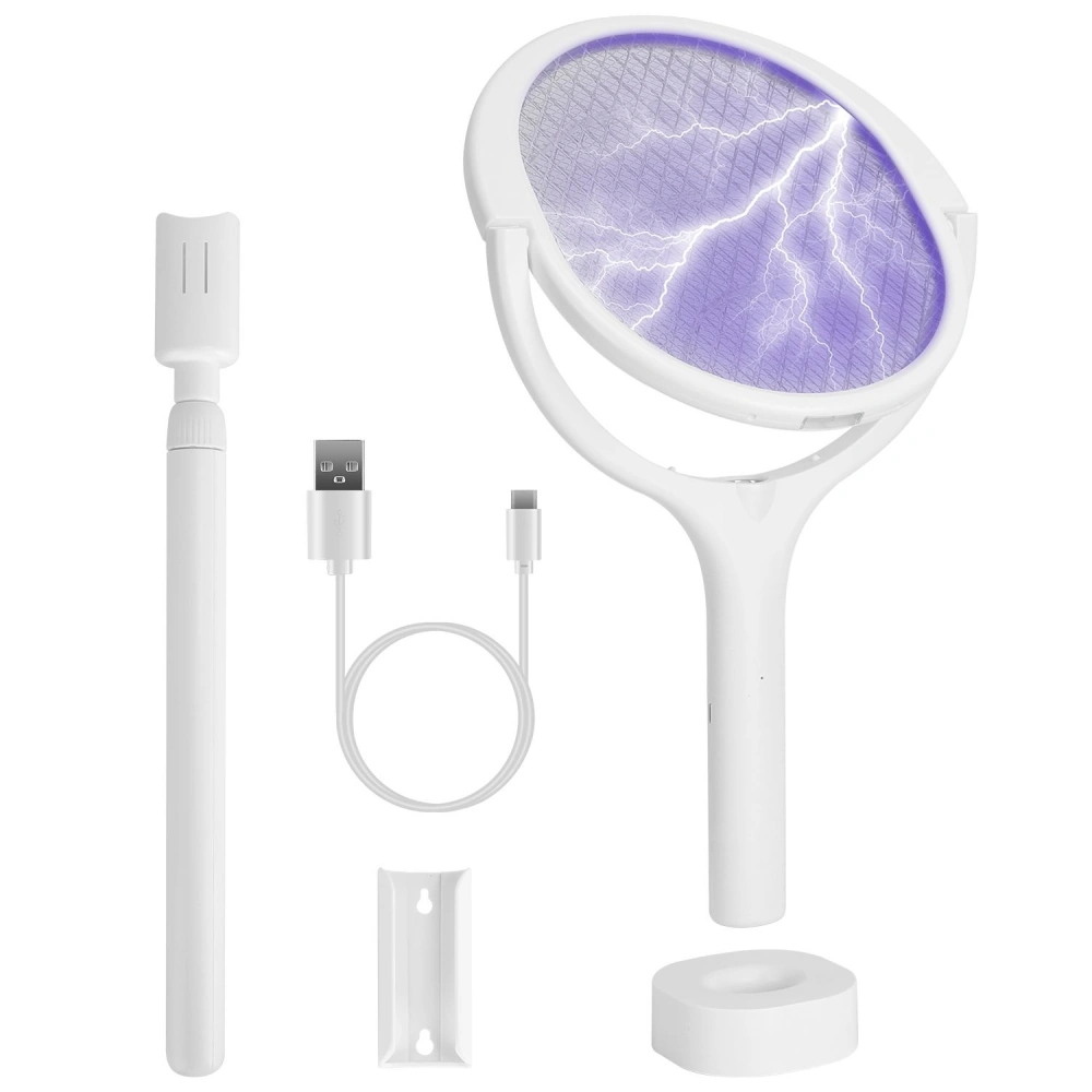 Electric bug zapper racket with USB charging cable, wall mount, and base stand, featuring a striking purple mesh and ergonomic white handle.