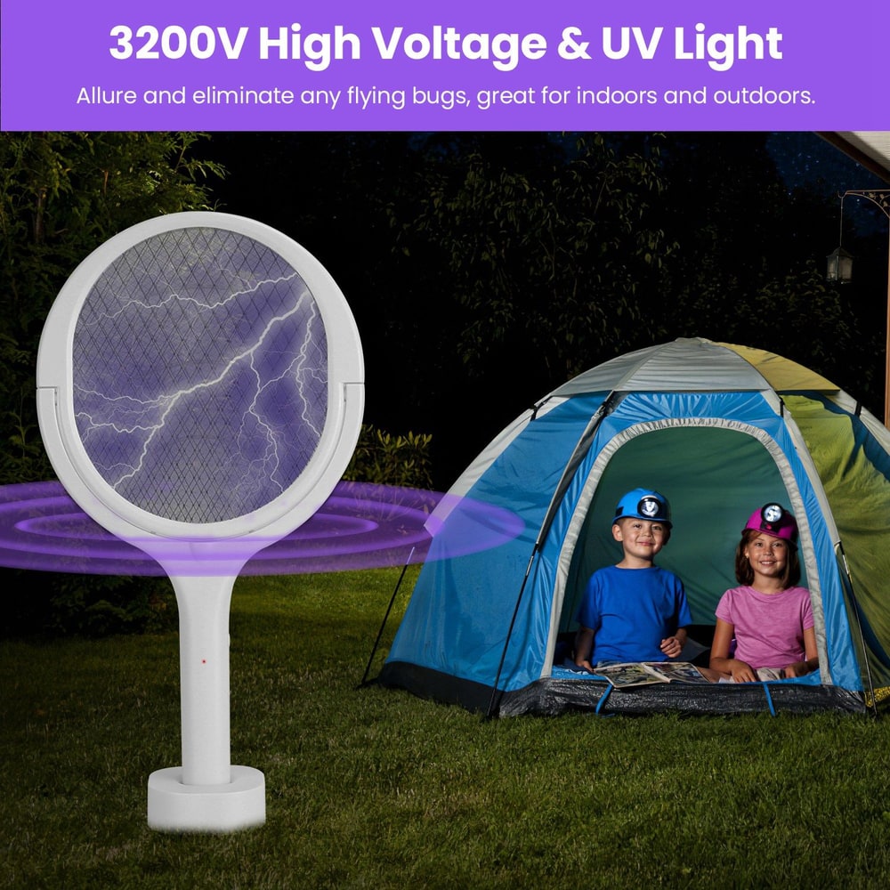 3200V high voltage bug zapper with UV light, designed to attract and eliminate flying insects; ideal for indoor and outdoor use while camping or relaxing in a tent.