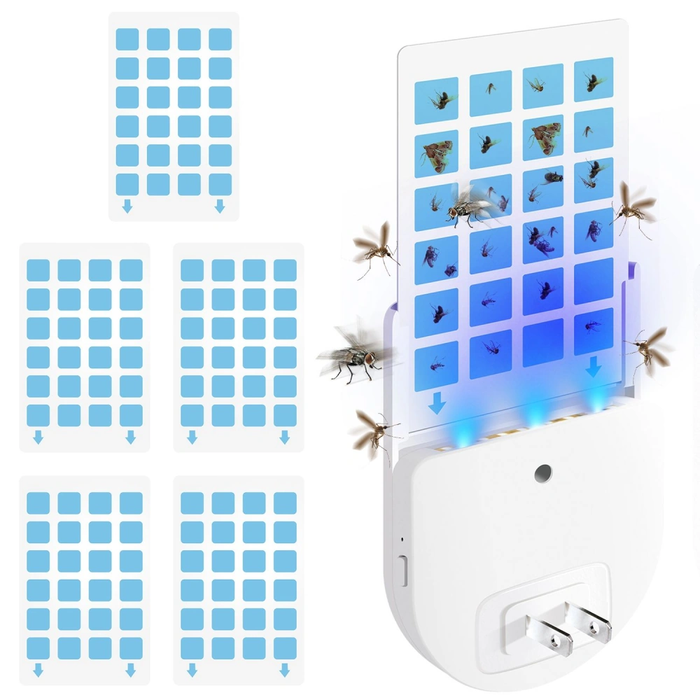 Ultraviolet insect trap with interchangeable adhesive pads, designed for effective mosquito and bug capture, featuring a compact white plug-in unit and illustrated with flying insects around the trap.