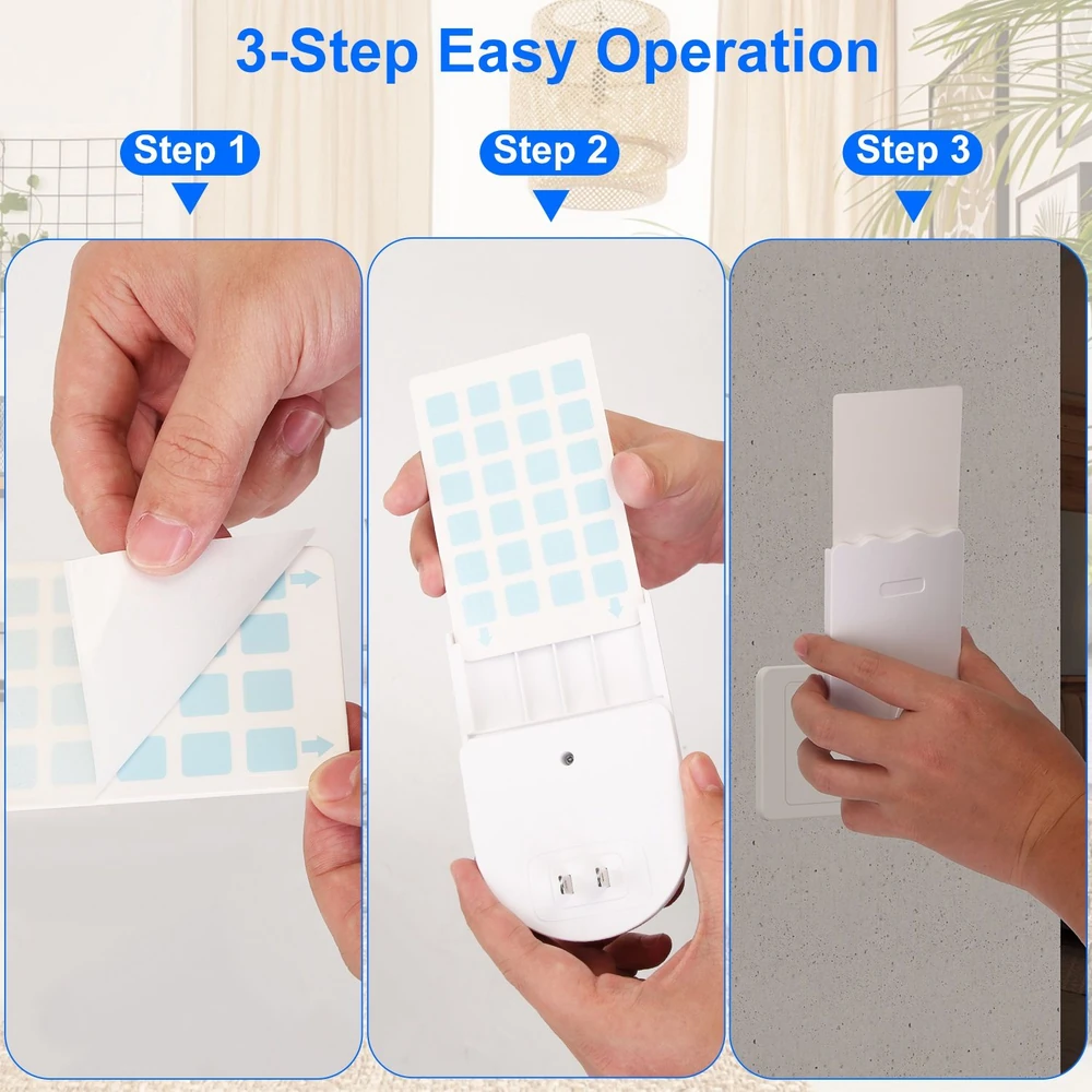 Three-step guide illustrating easy operation for a wall-mounted device, featuring hands demonstrating the peeling of a backing paper, placing adhesive pads, and securing the device to a wall.