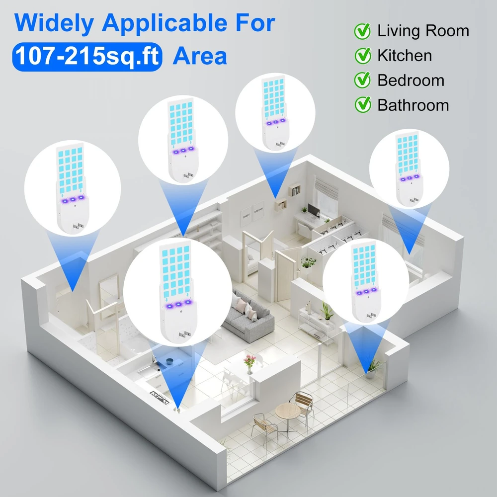 Illustration showing six compact sanitizing devices placed in various rooms of a home, including the living room, kitchen, bedroom, and bathroom, suitable for areas ranging from 107 to 215 square feet.