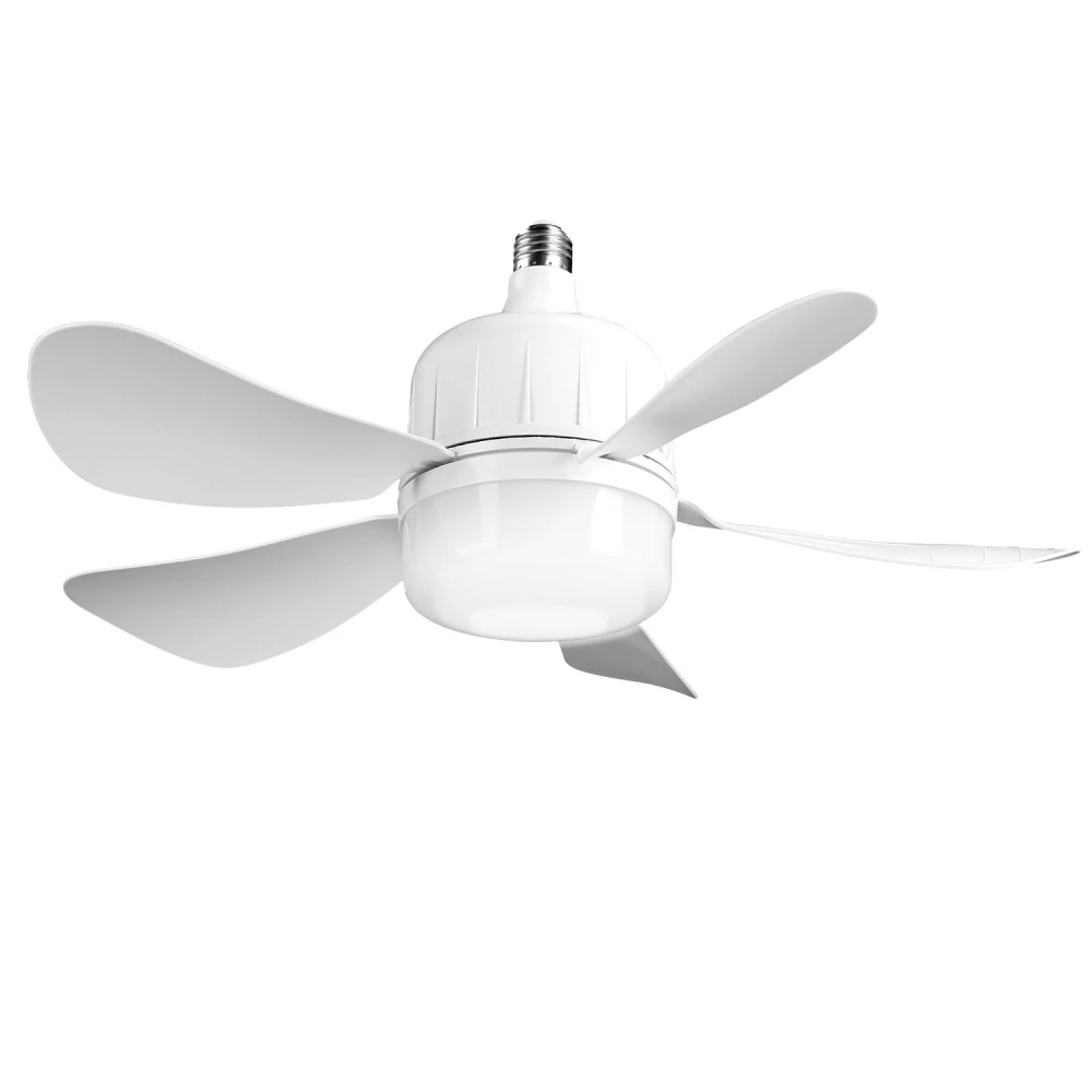 Modern white ceiling fan with four sleek blades and integrated light fixture for energy-efficient cooling and illumination.