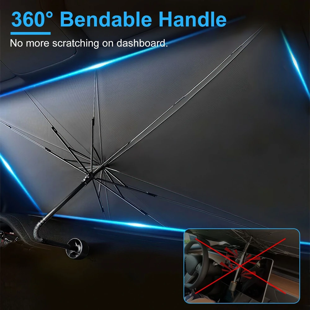 360° bendable handle car umbrella designed to prevent scratching on vehicle dashboards, featuring a unique structure for easy placement and protection from sunlight.