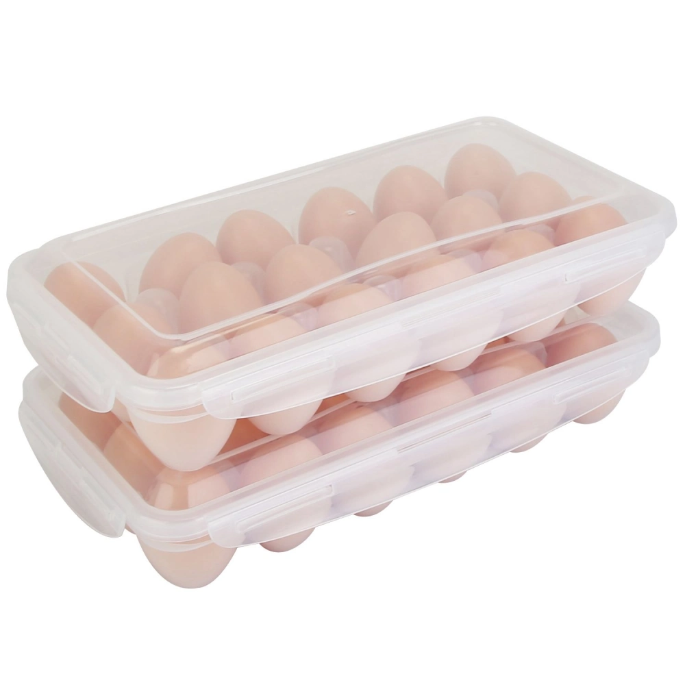 Two transparent egg containers stacked, each holding multiple pale brown eggs, ideal for kitchen organization and storage.