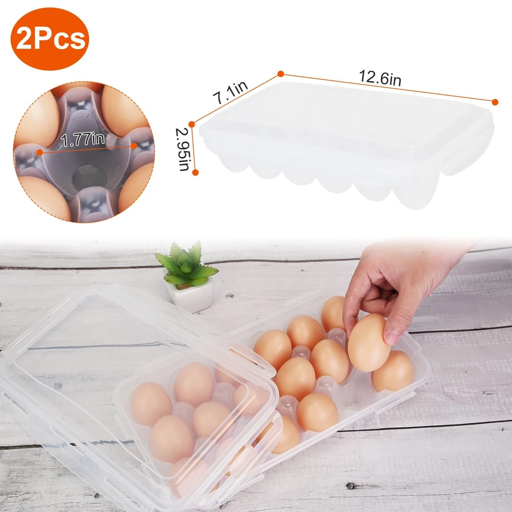 Transparent egg storage container with two trays, holding twelve eggs, showcasing measurements and a hand retrieving an egg, placed on a wooden surface with a small plant.