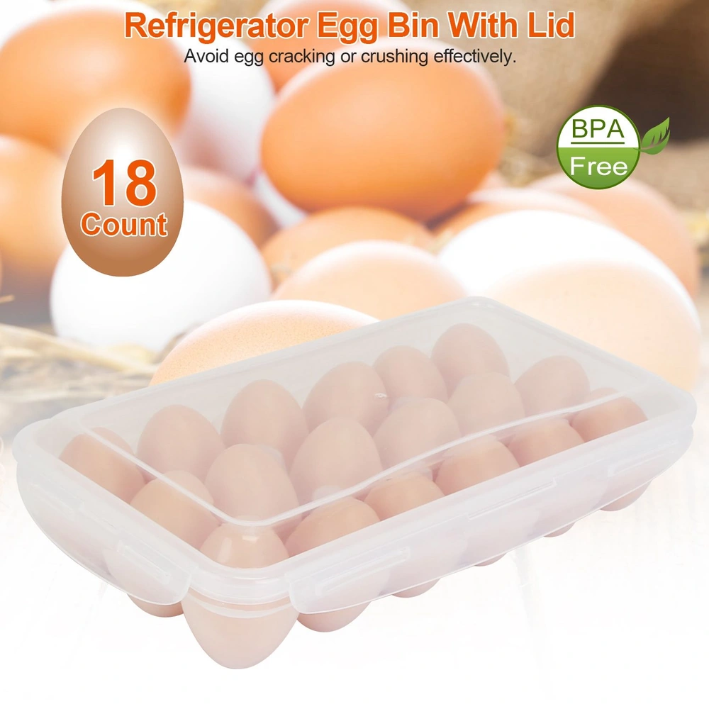 Refrigerator egg bin with lid, holds 18 eggs, BPA-free plastic for protecting eggs from cracking and crushing, against a background of various eggs.