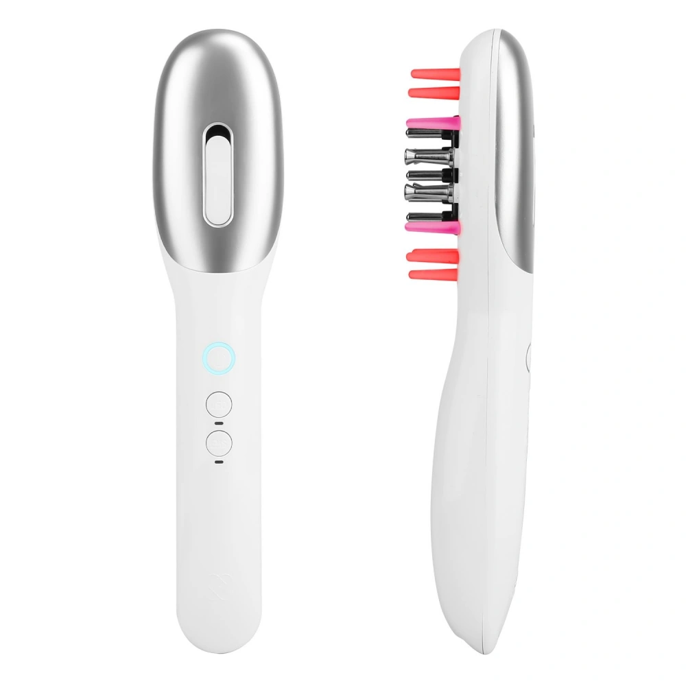 Hair growth device with ergonomic white handle, silver accents, and multi-colored stimulation tips, featuring power and mode buttons, designed for personal use.
