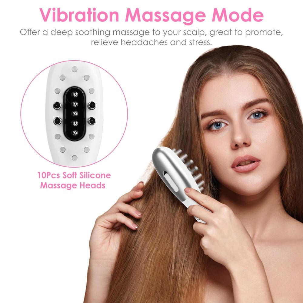 Vibration scalp massager with 10 soft silicone massage heads for soothing scalp relief, promoting relaxation and reducing headaches.