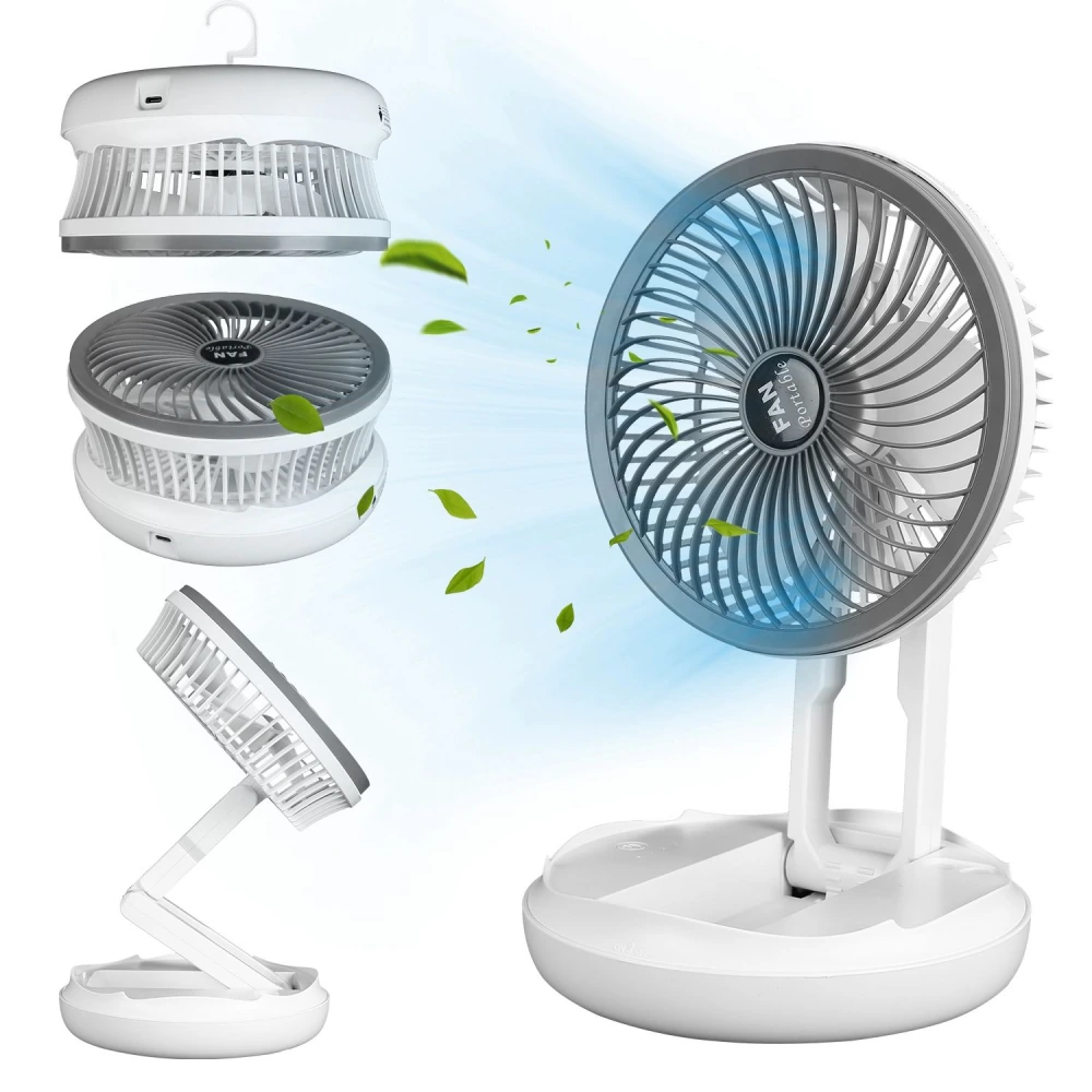 Portable rechargeable fan with adjustable angles and a sleek white design, providing a refreshing breeze with innovative features for outdoor and indoor use.