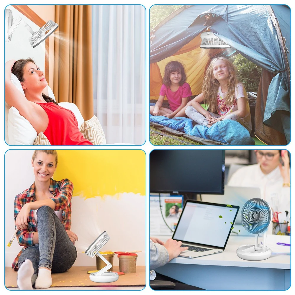 Portable electric fan in various settings: relaxing at home, camping, painting, and working at a desk, providing versatile cooling solutions for comfort and convenience.