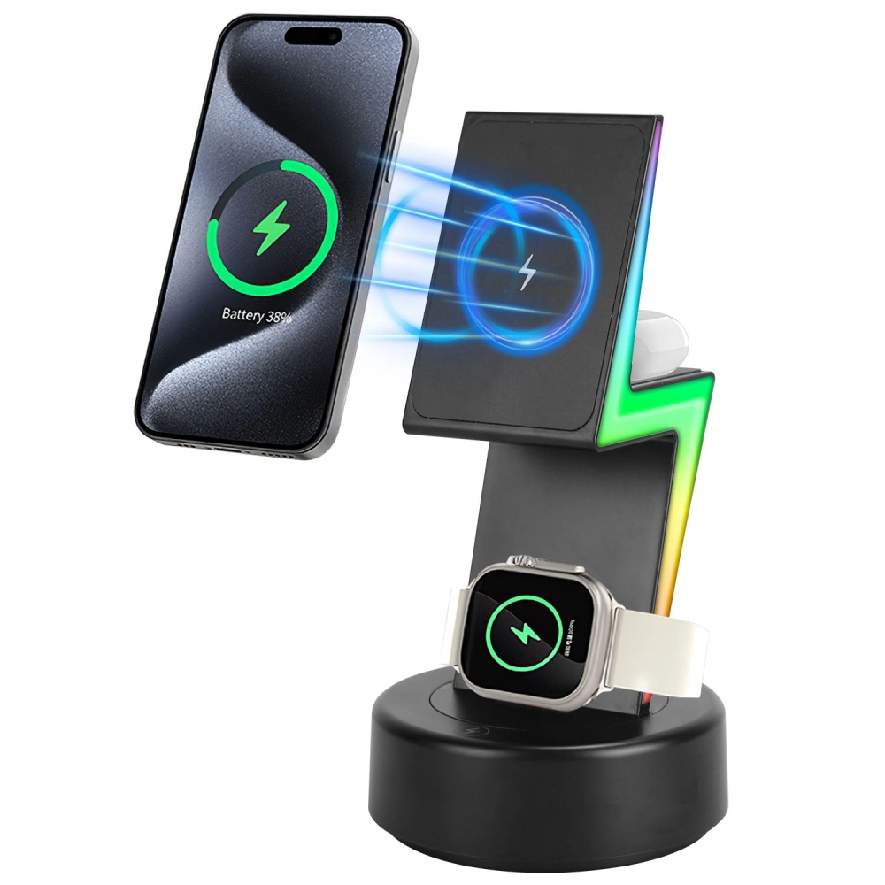 Wireless charging station for smartphone and smartwatch with dynamic battery indicator, featuring vibrant LED accents and dual charging capability.