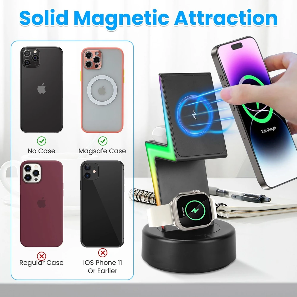 Wireless charger showcasing solid magnetic attraction compatibility with various iPhone cases, including Magsafe, and featuring an Apple Watch charging dock.